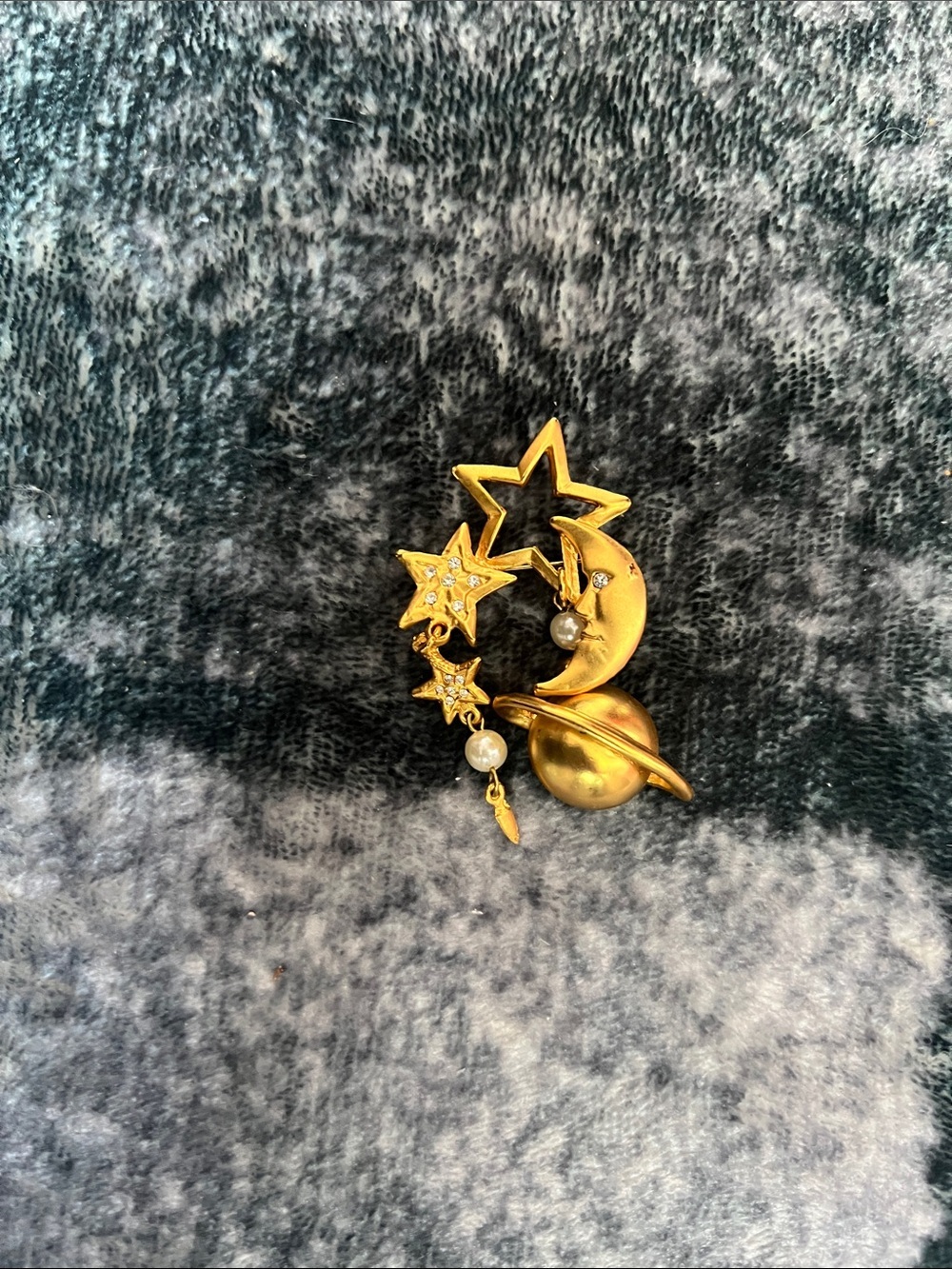 Source Unknown Gold-Tone Celestial Planet, Moon & Star Brooch with Pearls